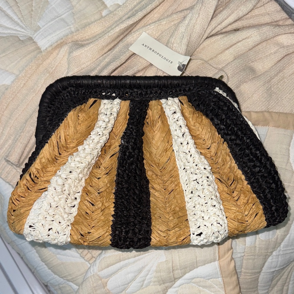 Anthropologie Woven Raffia Clutch in Black, White & Tan